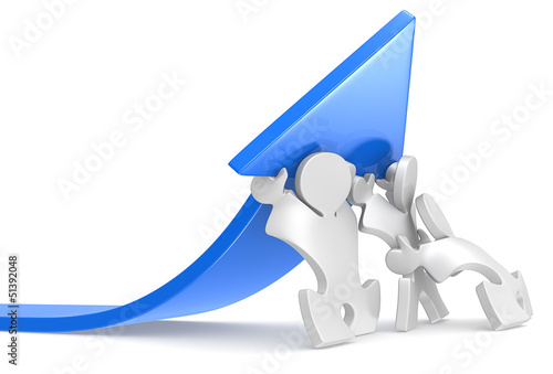 Illustration: Growth.Team of Puzzle People pushing an Arrow. Blue. Growth.Team of Puzzle People pushing an Arrow. Blue.