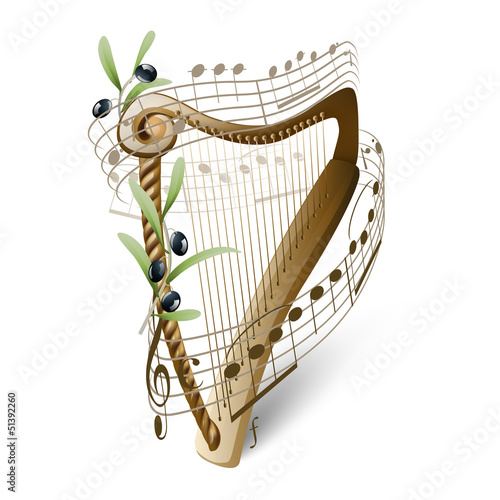 Vector: wooden harp and olives wooden harp and olives