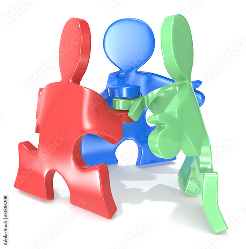 Illustration: Team Spirit.Puzzle People x3 in a team pose. Red green and blue. Team Spirit.Puzzle People x3 in a team pose. Red green and blue.