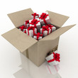 Cardboard box with gifts on white background