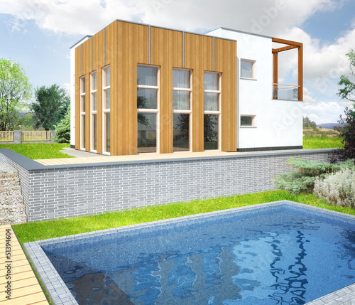 Photo: New modern house with a garden around and pool New modern house with a garden around and pool