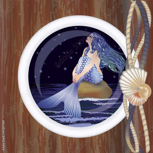 Vector: Beautiful night mermaid in porthole Beautiful night mermaid in porthole