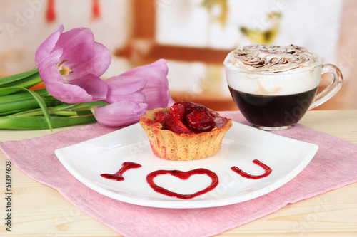 Photo: Sweet cake with strawberry and sauce Sweet cake with strawberry and sauce