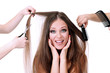 Woman with long hair in beauty salon, isolated on white