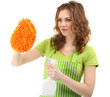 Foto: Young woman cleaning windows with sprayer and sponge, isolated Young woman cleaning windows with sprayer and sponge, isolated