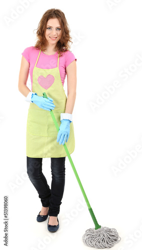 Photo: Young housewife with mop, isolated on white Young housewife with mop, isolated on white