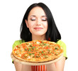 Girl housewife with delicious pizza isolated on white