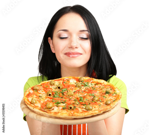 Photo: Girl housewife with delicious pizza isolated on white Girl housewife with delicious pizza isolated on white