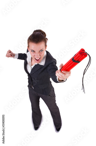 Photo: Businesswoman with dynamite on white Businesswoman with dynamite on white