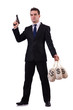 Gangster with bags of money on white