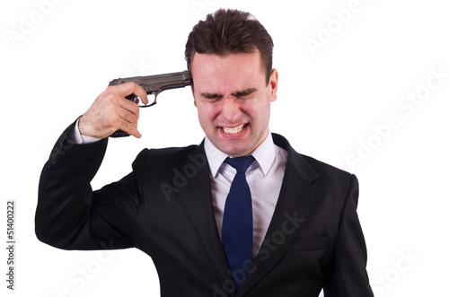 Photo: Businessman committing suicide isolated on white Businessman committing suicide isolated on white