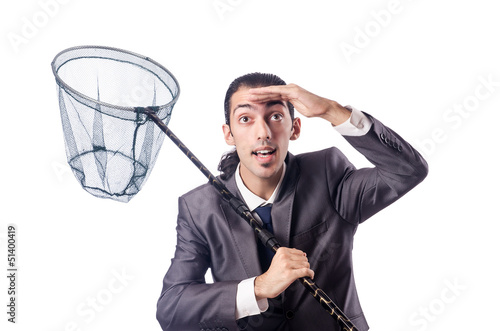 Photo: Businessman with net isolated on white Businessman with net isolated on white