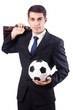 Young businessman with football on white