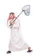 Arab businessman with catching net on white