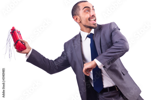 Photo: Businessman with dynamite isolated on white Businessman with dynamite isolated on white