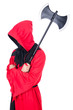 Executioner in red costume with axe on white