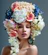 fashion model with large hairstyle and flowers in her hair.