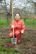 Happy  mature woman planting fruit tree