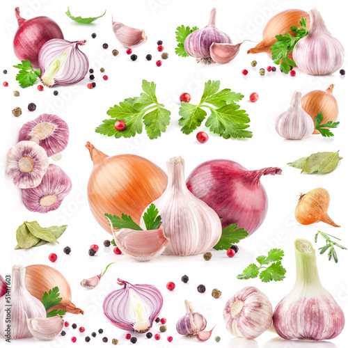 Photo: Collection of garlic and onion with peppercorn isolated on white Collection of garlic and onion with peppercorn isolated on white
