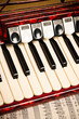 Red accordion and sheet music, close up