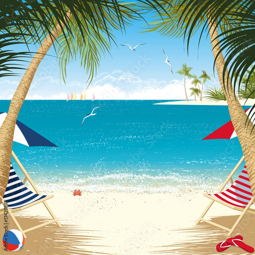 Vector: Tropical island with deck chairs under palm trees Tropical island with deck chairs under palm trees