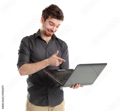 Photo: Sales man presenting laptop on white background Sales man presenting laptop on white background