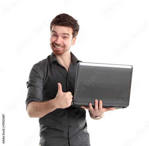 Photo: Sales man presenting laptop on white background Sales man presenting laptop on white background