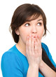 Woman is covering her mouth in astonishment