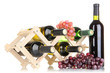 Bottles of wine placed on wooden stand isolated on white