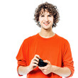 young man photographer  holding camera portrait