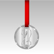 silver medal with number two on a red ribbon