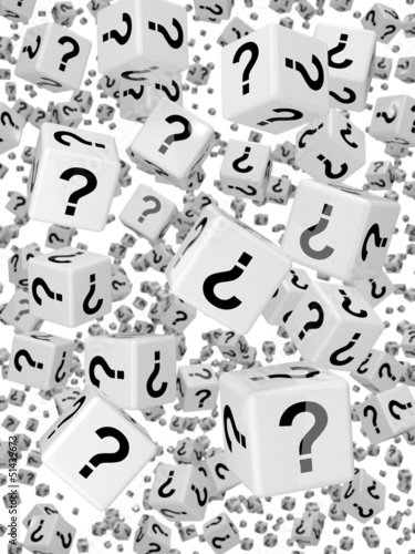 Illustration: Falling white dice with question marks Falling white dice with question marks