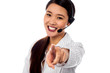Photo: Call centre support staff pointing towards camera Call centre support staff pointing towards camera