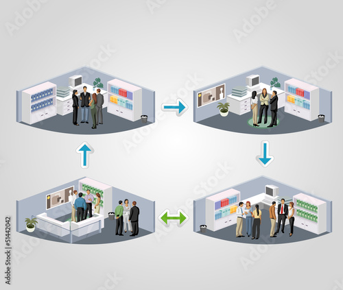 Vector: Template of a work process with business people in offices Template of a work process with business people in offices