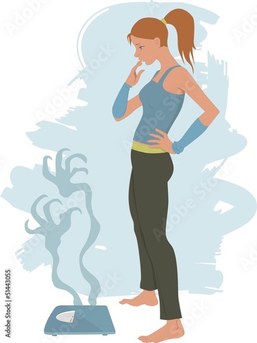 Vector: Young woman afraid of bathroom scales Young woman afraid of bathroom scales