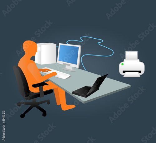 Vector: Template with business man working on computer in office Template with business man working on computer in office