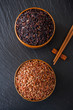 Wild rice and red rice in a bowl on a blackboard chalk