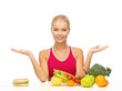woman with fruits and hamburger