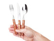 Cutlery in a man's hand. On a white background.