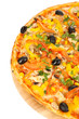 Tasty pizza with vegetables, chicken and olives isolated