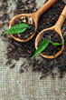 Dry tea with green leaves in wooden spoons, on burlap