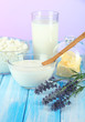 Glass of milk and cheese on  light background