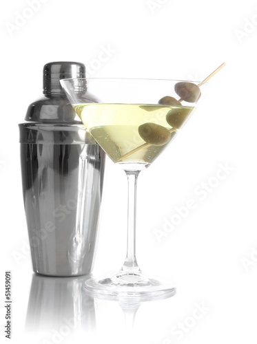Photo: Martini glass with olives and shaker isolated on white Martini glass with olives and shaker isolated on white