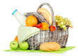 Picnic basket with fruits and bottle of milk, isolated on white