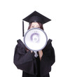 woman graduate student happy with megaphone