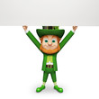 Leprechaun for st patrick's day holding big white sign