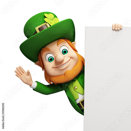 Illustration: Leprechaun for st patrick's day stands behind white sign Leprechaun for st patrick's day stands behind white sign