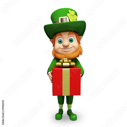 Illustration: Leprechaun for st patrick's day with big red gift box Leprechaun for st patrick's day with big red gift box