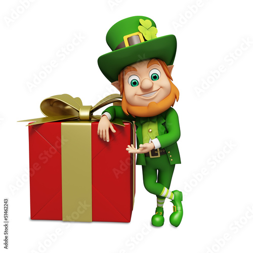 Illustration: Leprechaun for st patrick's day standing besides big gift box Leprechaun for st patrick's day standing besides big gift box