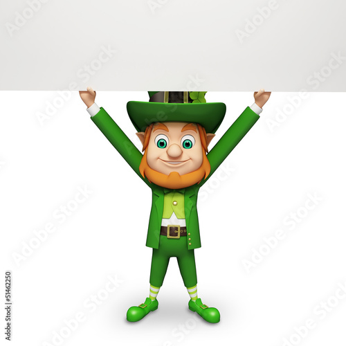Illustration: Leprechaun for st patrick's day holding big white sign Leprechaun for st patrick's day holding big white sign